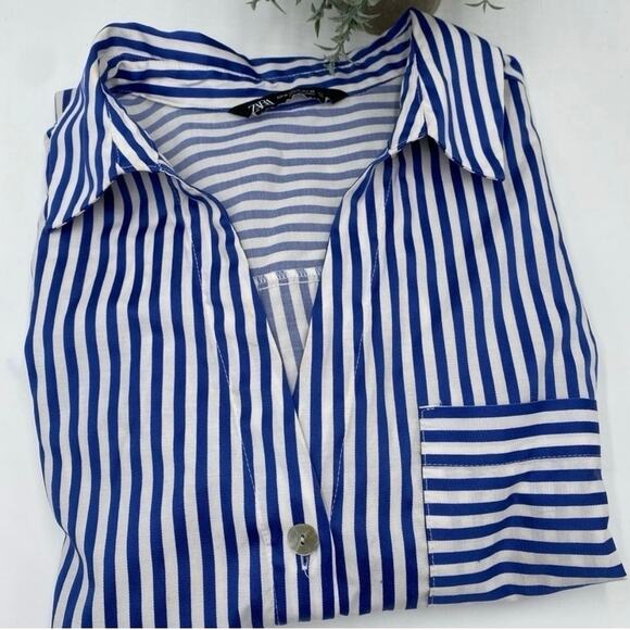 Zara Blue White Striped Collared Tunic Long Sleeve Shirt Dress Size Medium - Picture 1 of 8